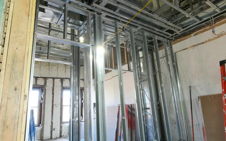 Steel stud partitions standing in a building under renovation